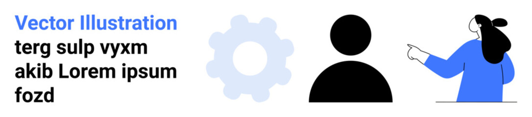 Gear icon, user profile silhouette, and person pointing at text. Ideal for user interface, tech tutorials, employee onboarding, web design, educational content, software guides, marketing material