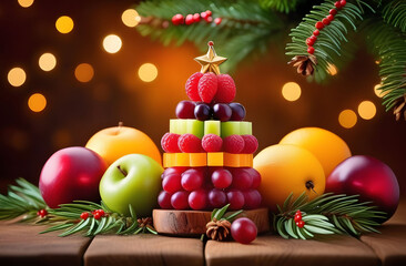 Christmas tree made of fruit on a festive background with bokeh and spruce branches, standing on a wooden table.