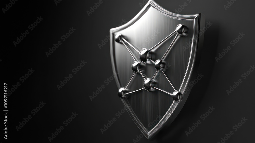 Poster A metallic shield with a network design, symbolizing protection and connectivity.