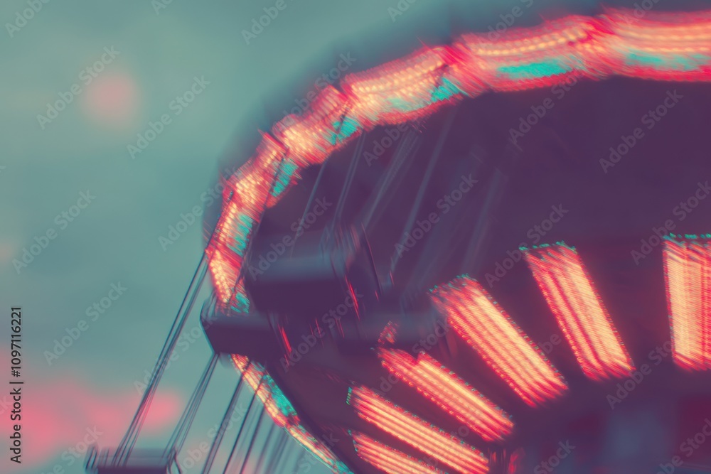 Poster a blurred image of a colorful amusement park ride against a cloudy sky.