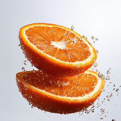 Falling tangerine slices splash in water creating a refreshing scene on a white backdrop