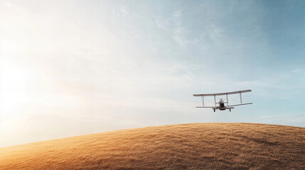Celebrating the first flight of the Wright brothers over open fields with a historic aircraft soaring gracefully in the sky