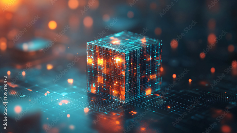 Poster Digital cube casting light on circuit board, representing data processing, ai, and technology's future