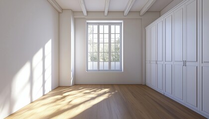 Obraz premium Sophisticated Bedroom With Expansive Window, Elegant Wooden Flooring, And Generous White Wardrobe Bathed In Sunlight.