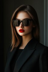 Confident woman in sunglasses poses elegantly in a dark setting