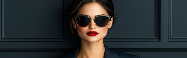 Confident woman in sunglasses against a dark background at fashion event