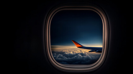 View from an airplane window reveals expansive blue skies and distant clouds during a serene flight