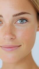Fototapeta premium Beautiful young woman with freckles and captivating green eyes posing naturally in soft light
