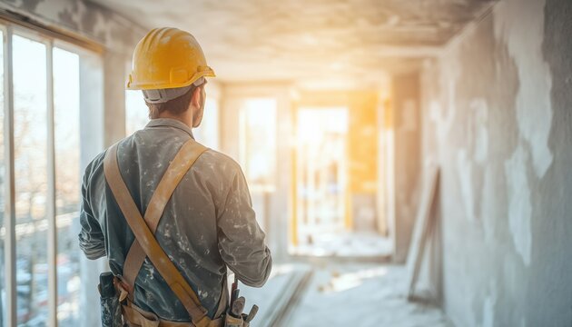 Construction Worker In Worker Overall Plastering Walls And Ceilings In Apartment House With Float And Plaster For Finishing Works - Powered by Adobe