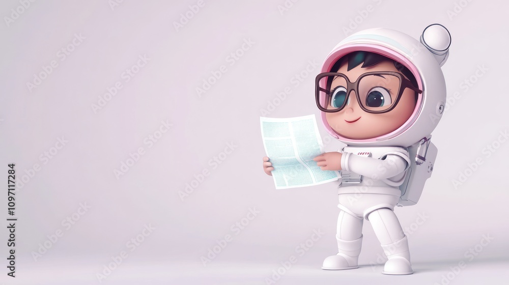 Poster A cheerful child in a spacesuit examines a map, symbolizing curiosity and exploration.