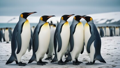 Obraz premium Un grupo de pingüinos rey parados en una playa nevada con un cielo azul de fondo