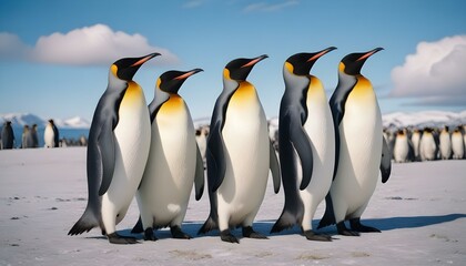 Obraz premium Un grupo de pingüinos rey parados en una playa nevada con un cielo azul de fondo