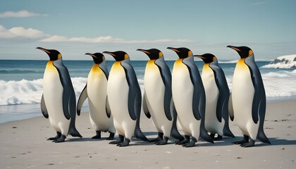 Obraz premium Un grupo de pingüinos rey parados en una playa nevada con un cielo azul de fondo