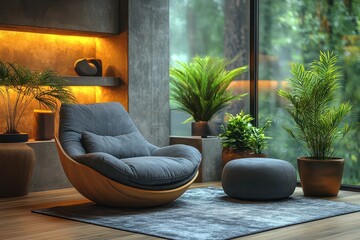 sleek, modern living space featuring a sophisticated lounge area with soft, ambient lighting, minimalistic furniture, and a lush indoor plant adding a touch of nature