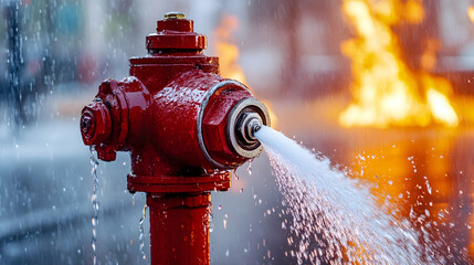 Red fire hydrant spraying water against flames in the background
