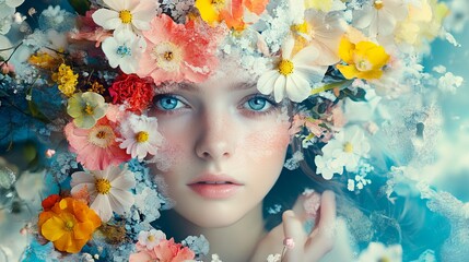 Surreal collage art portrait of a young woman adorned with vibrant blooms, evoking a sense of ethereal beauty and dreamlike wonder. 