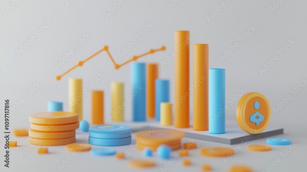 Poster A colorful 3D representation of financial data with coins, bars, and a line graph.