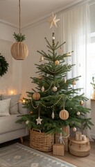 Obraz premium Traditional Christmas Tree Decorated With Minimalist Ornaments in a Cozy Living Room. Generative AI