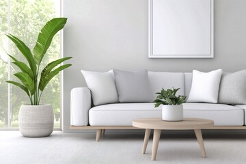 Modern living room with bright natural light and tropical plants decorating the space
