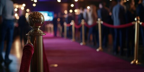 Red carpet event with guests waiting behind velvet ropes in a dim venue