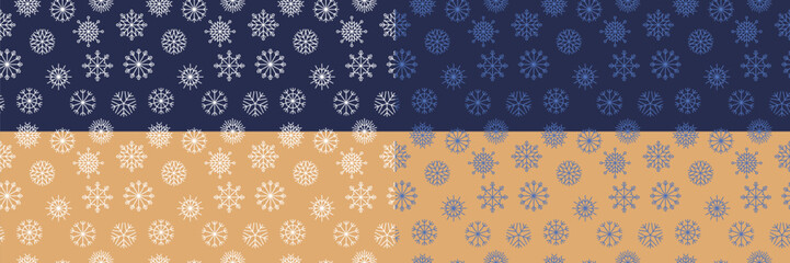 Horizontal Christmas banner with Gold snow pattern in minimal geometric style. Winter holidays background design template with blue snowflakes ornament.