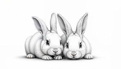 Obraz premium Adorable white bunnies cuddling together in a charming black and white illustration style