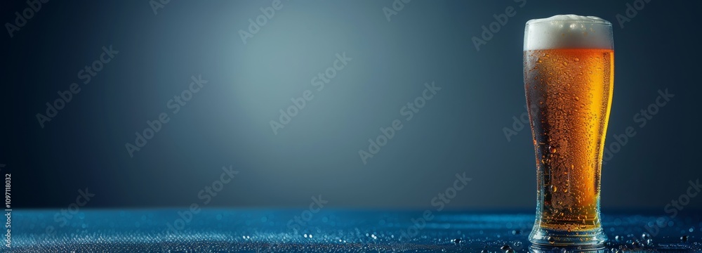 Poster a tall glass of beer sits on a wet table against a dark background. concept of refreshment and relax
