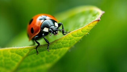 Fototapeta premium Close-up of a ladybug perched on a green leaf showcasing vibrant colors and intricate details