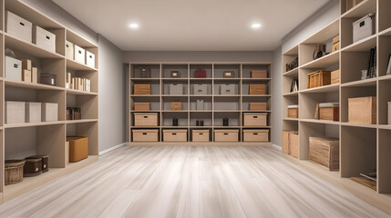 Simple Basement Room with Shelves and Storage Boxes.illustration