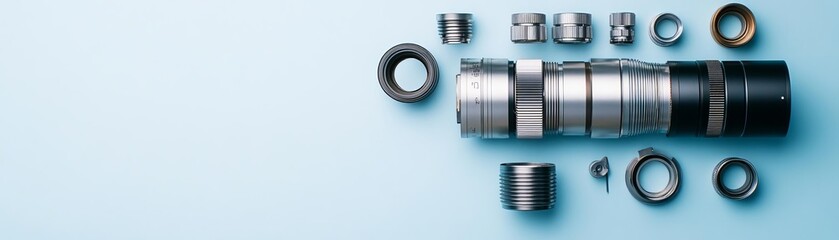 A disassembled metal lens with all components aligned in perfect symmetry, lens exploded view, order in complexity