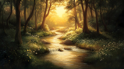 Obraz premium Serene stream winding through a lush forest, bathed in the golden light of sunset.illustration