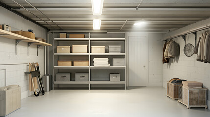 Simple Basement Room with Shelves and Storage Boxes