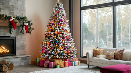 Sparkling Christmas tree adorned with colorful lights and ornaments