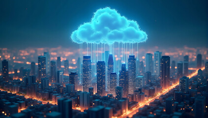 Obraz premium A futuristic smart cityscape with glowing buildings connected by digital lines to a large holographic cloud above, symbolizing cloud-enabled urban infrastructure.