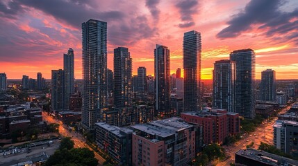Obraz premium This upward-facing image captures the soaring ambition of modern skyscrapers. The radiant sky symbolizes the endless possibilities for growth and achievement within a city's skyline. 