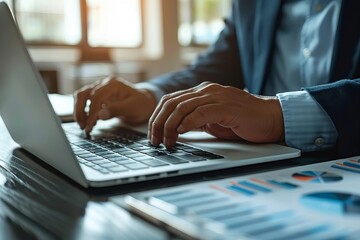 Businessman's Hand Analyzing Graph on Laptop at Workplaces