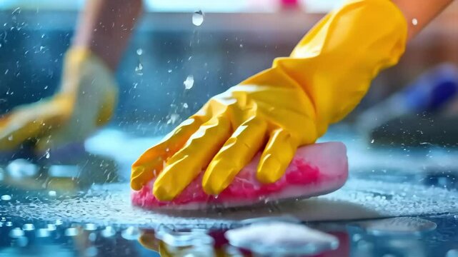 A hand wearing a yellow glove scrubbing a surface with a sponge, creating splashes of water.