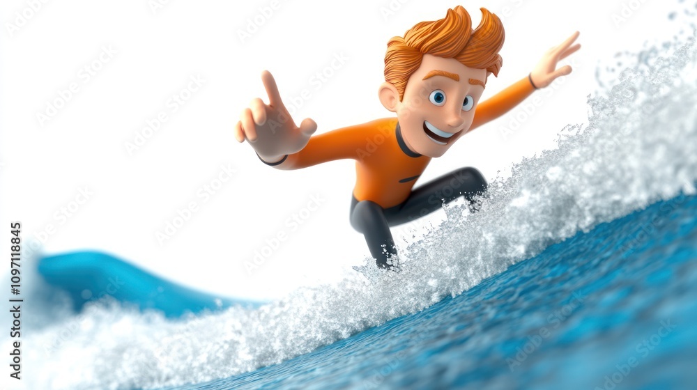 Poster a cheerful animated character surfing on a wave, showcasing fun and adventure.