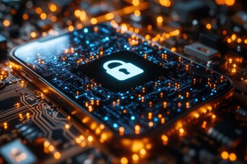 smartphone displaying a cybersecurity lock icon against a futuristic digital circuit background, emphasizing the significance of online security in a tech-driven world