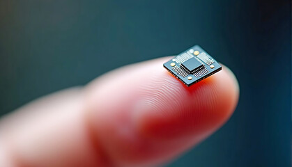 A macro shot of a tiny nanochip resting on a fingertip, highlighting its intricate details and advanced technology.