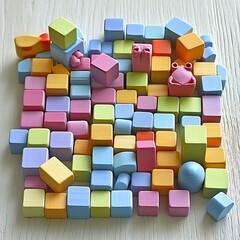 Obraz premium A group of children of various ages building a lively wooden block zoo on a spotless white table 