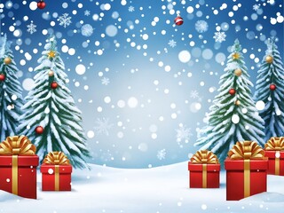 Obraz premium Winter wonderland with snow-covered Christmas trees and festive gifts in a cheerful setting