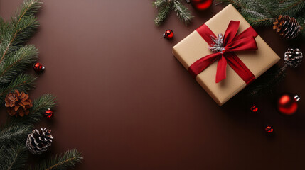 Christmas flat lay background with present box and decorations 