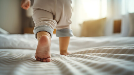 Little baby newborn infant making first steps, cute toddler kid child girl son boy daughter learning walking creeping on the bed