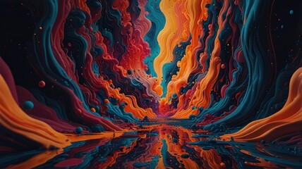 Abstract vibrant landscape with swirling colors and reflective water.