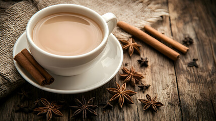 Warm cup of tea with star anise and cinnamon sticks on a rustic wooden tabletop.illustration
