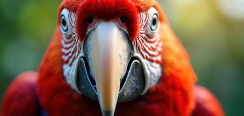 Obraz premium Closeup red and grey parrot face. Intricate feathers. Bird stares intensely. Wildlife animal portrait. Exotic avian fauna. Tropical rainforest habitat. Nature photography. Beautiful plumage.