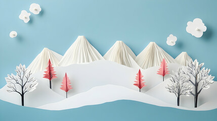 Whimsical paper landscape with snow-capped mountain peaks and delicate paper trees