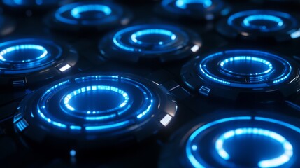Abstract Futuristic Technology Background: Glowing Blue Circles in Dark Setting