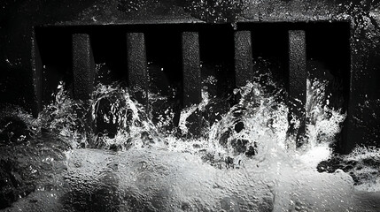 Water cascading over a storm drain in a rushing torrent, creating a symphony of bubbles